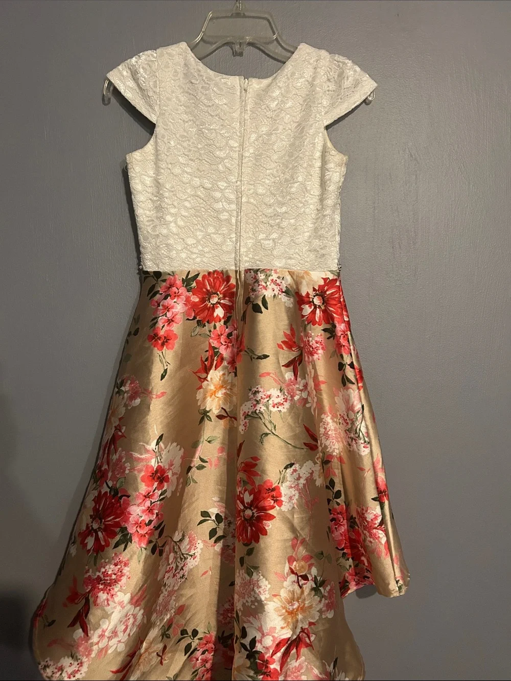 Rare Editions White Lace Bodice Gold Floral High-Low Dress